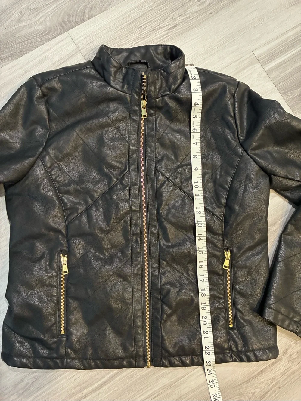 Black Faux‎ Leather Zip Jacket with Gold Hardware